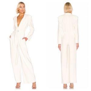 Norma Kamali Single Breasted Straight Leg Jumpsuit in Ivory Long Sleeves
